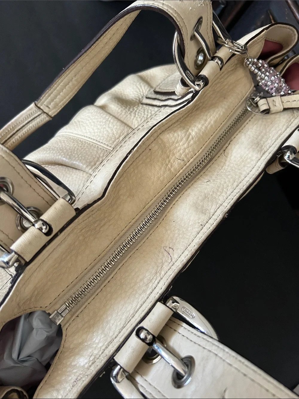Coach F 13732 Cream Leather Shoulder Bag with Pink Charm